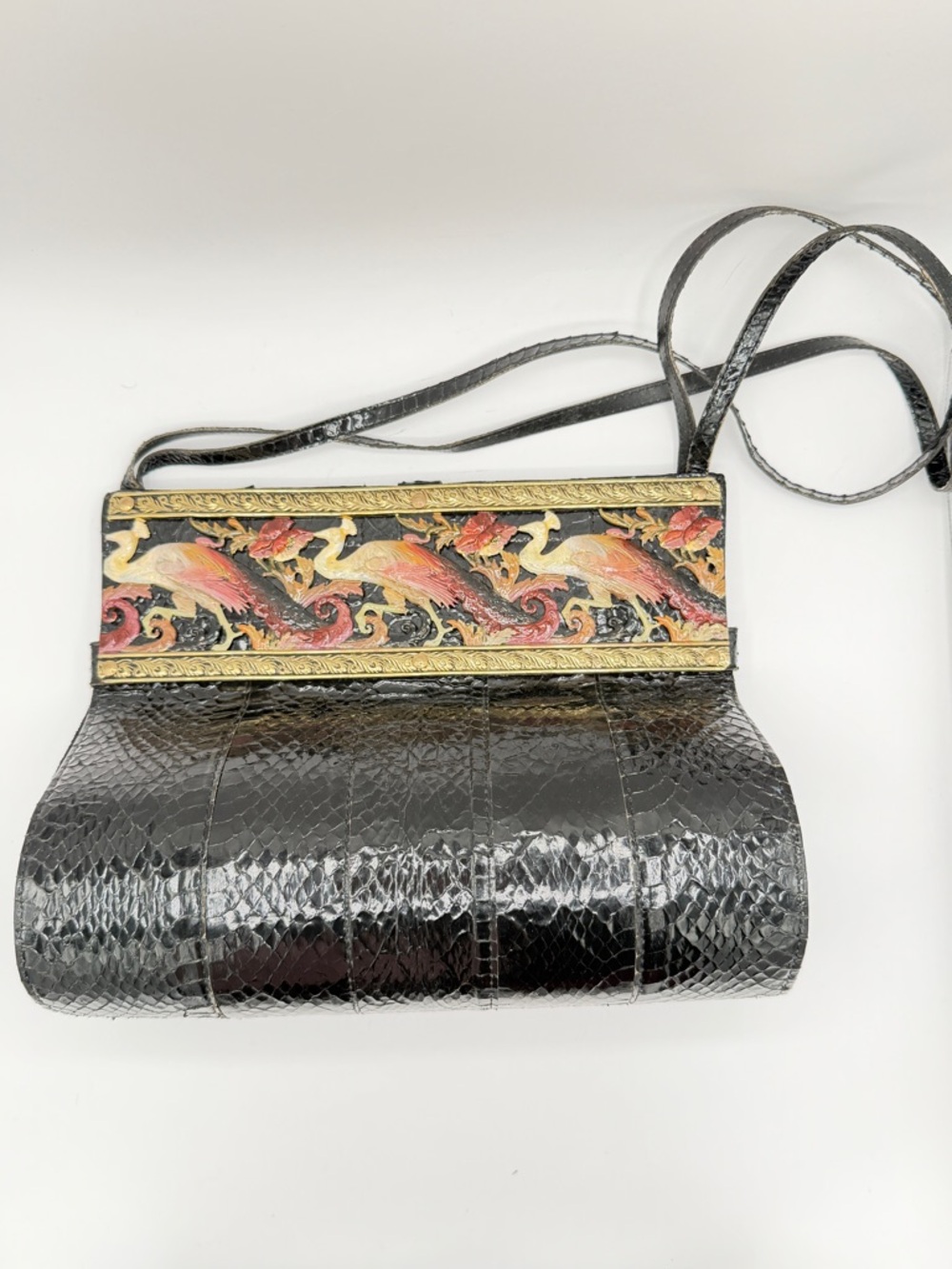 Vintage ALAIN FOURDRAINE PARIS Handpainted Peackock frame snakeskin bag